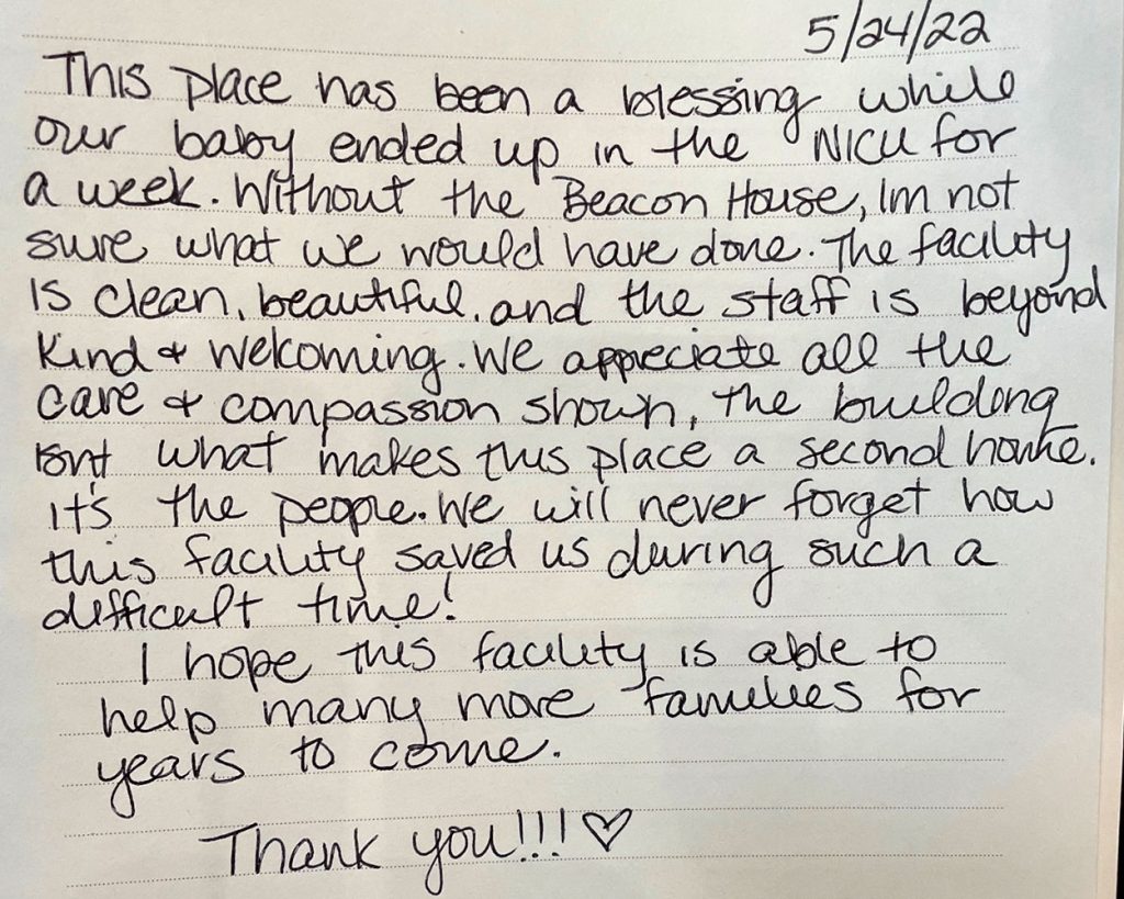 Handwritten note from a couple thanking the Beacon House for their hospitality during their baby's stay in the NICU